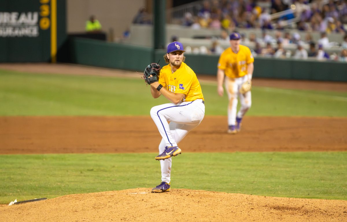 LSU baseball redshirt sophomore right-handed pitcher Jaden Noot (27) prepares to pitch during LSU's 4-10 loss to Little Rock on Sunday, June 1, 2025, at Alex Box Stadium on Gourrier Avenue in Baton Rouge, La.