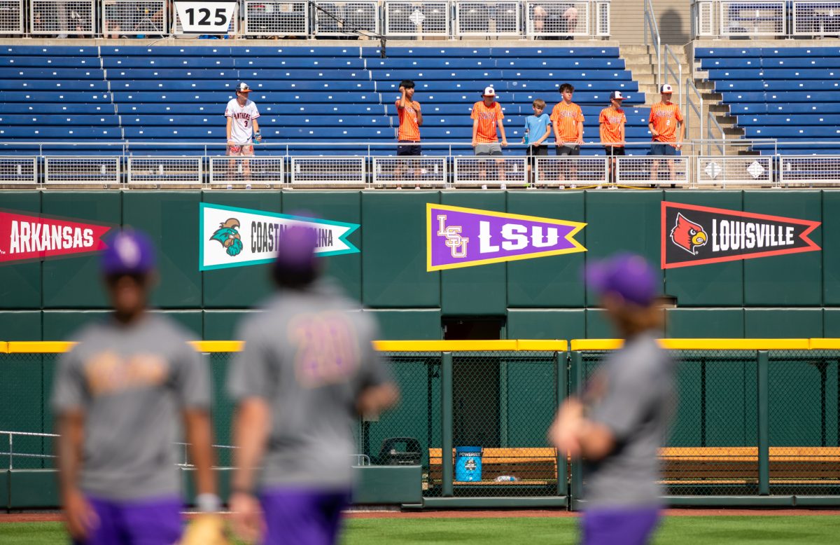 An LSU sign hangs from the stadium during practice for the Men’s College World Series Thursday, June 12, 2025, at Charles Schwab Field on Mike Fahey Street in Omaha, Ne.