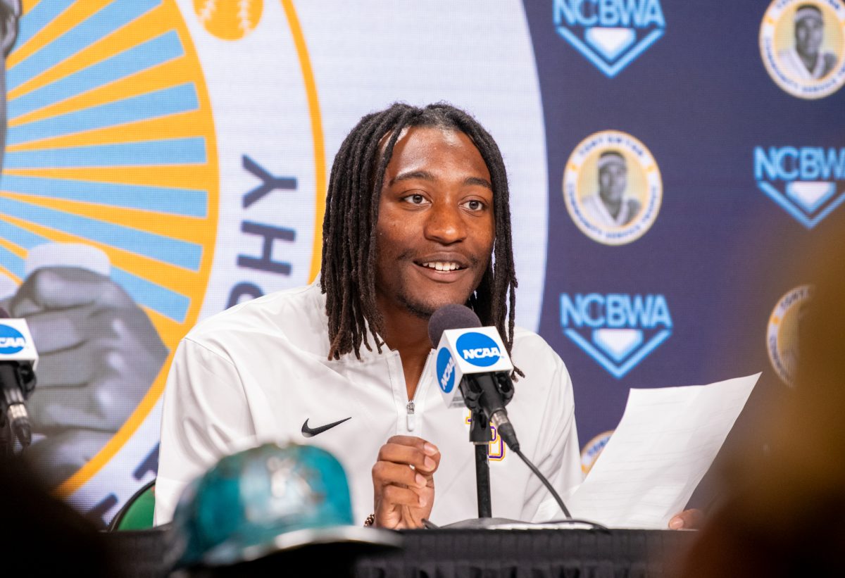 LSU baseball junior outfielder Chris Stanfield speaks to the media after being named the inaugural Tony Gwynn Community Service Trophy winner during a press conference for the Men’s College World Series Friday, June 13, 2025, at Charles Schwab Field on Mike Fahey Street in Omaha, Ne.