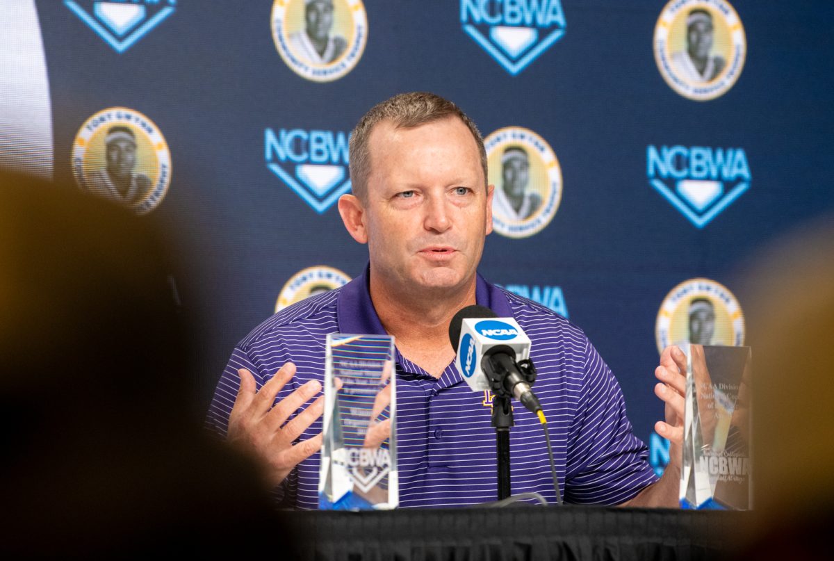 LSU baseball head coach Jay Johnson speaks to the media after Chris Stanfield was named the inaugural Tony Gwynn Community Service Trophy winner during a press conference for the Men’s College World Series Friday, June 13, 2025, at Charles Schwab Field on Mike Fahey Street in Omaha, Ne.