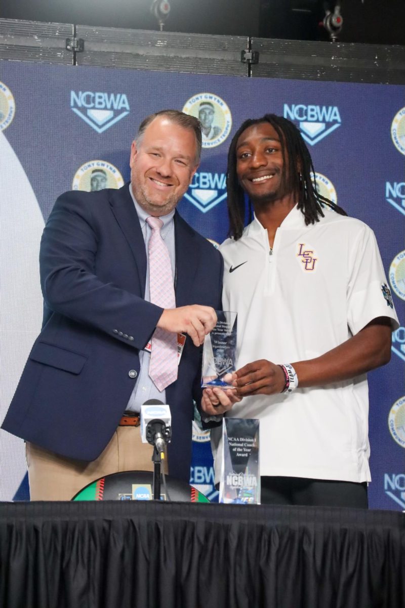 LSU CF Chris Stanfield Receives the inaugural Tony Gwynn Trophy for Community Service.