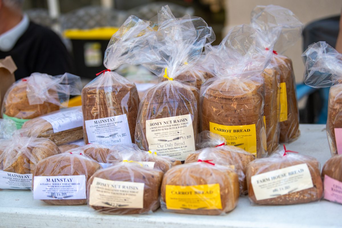 Homemade bread for sale sits on a table during the Red Stick Farmers Market Saturday, July 12, 2025, on Main Street in Baton Rouge, La.
