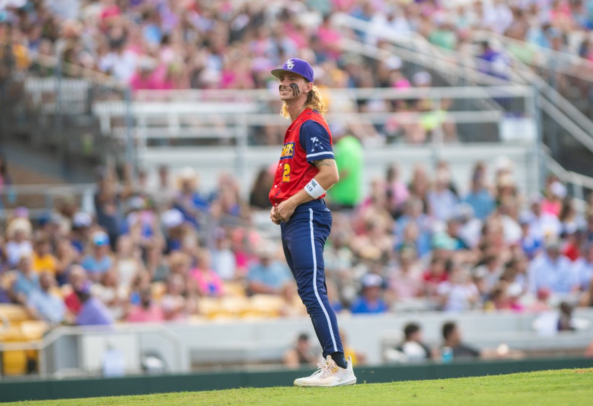 Former LSU baseball outfielder and Texas Tailgaters player Zach Watson walks onto the field Saturday, Aug 9, 2025, at Alex Box Stadium in Baton Rouge, La.
