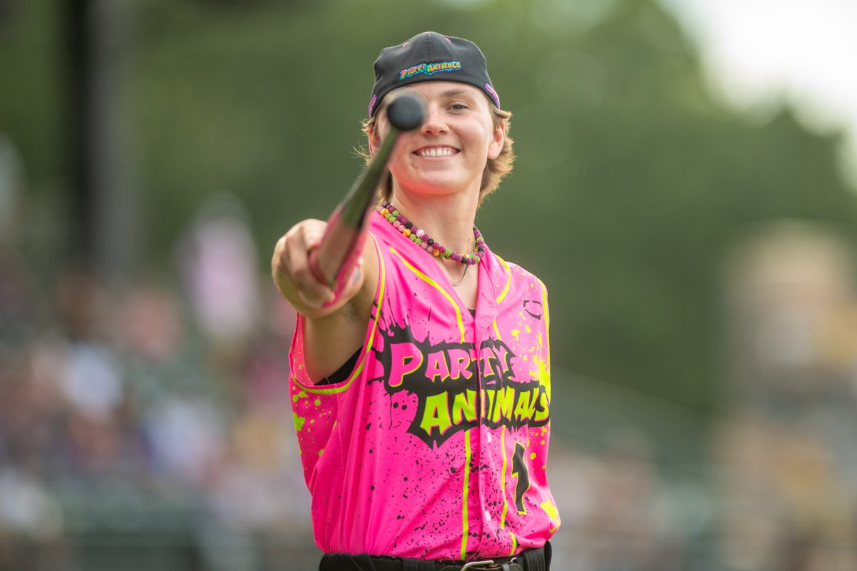A Party Animal points at the camera with her bat Saturday, Aug 9, 2025, at Alex Box Stadium in Baton Rouge, La.