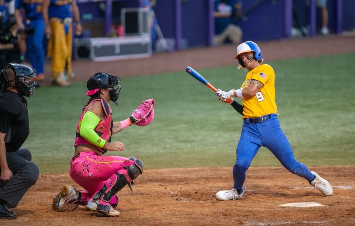 Former LSU baseball outfielder Zach Watson is hit by a pitch Friday, Aug 8, 2025, at Alex Box Stadium in Baton Rouge, La.