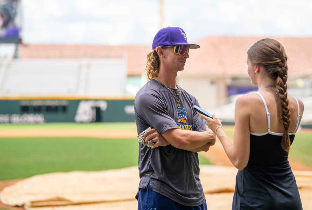 Former LSU baseball outfielder and Texas Tailgaters player Zach Watson speaks to the Reveille before the matchup between the Texas Tailgaters and the Party Animals Saturday, Aug 9, 2025, at Alex Box Stadium in Baton Rouge, La.