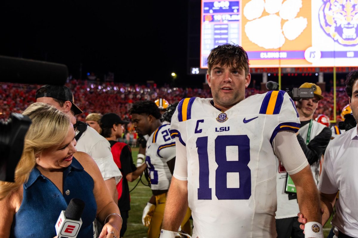 LSU football fifth-year senior quarterback Garrett Nussmeier (18) speaks to ESPN reporter Holly Rowe Saturday, Aug 30, 2025, after LSU’s 17-10 win against Clemson at Memorial Stadium in Clemson, Sc.