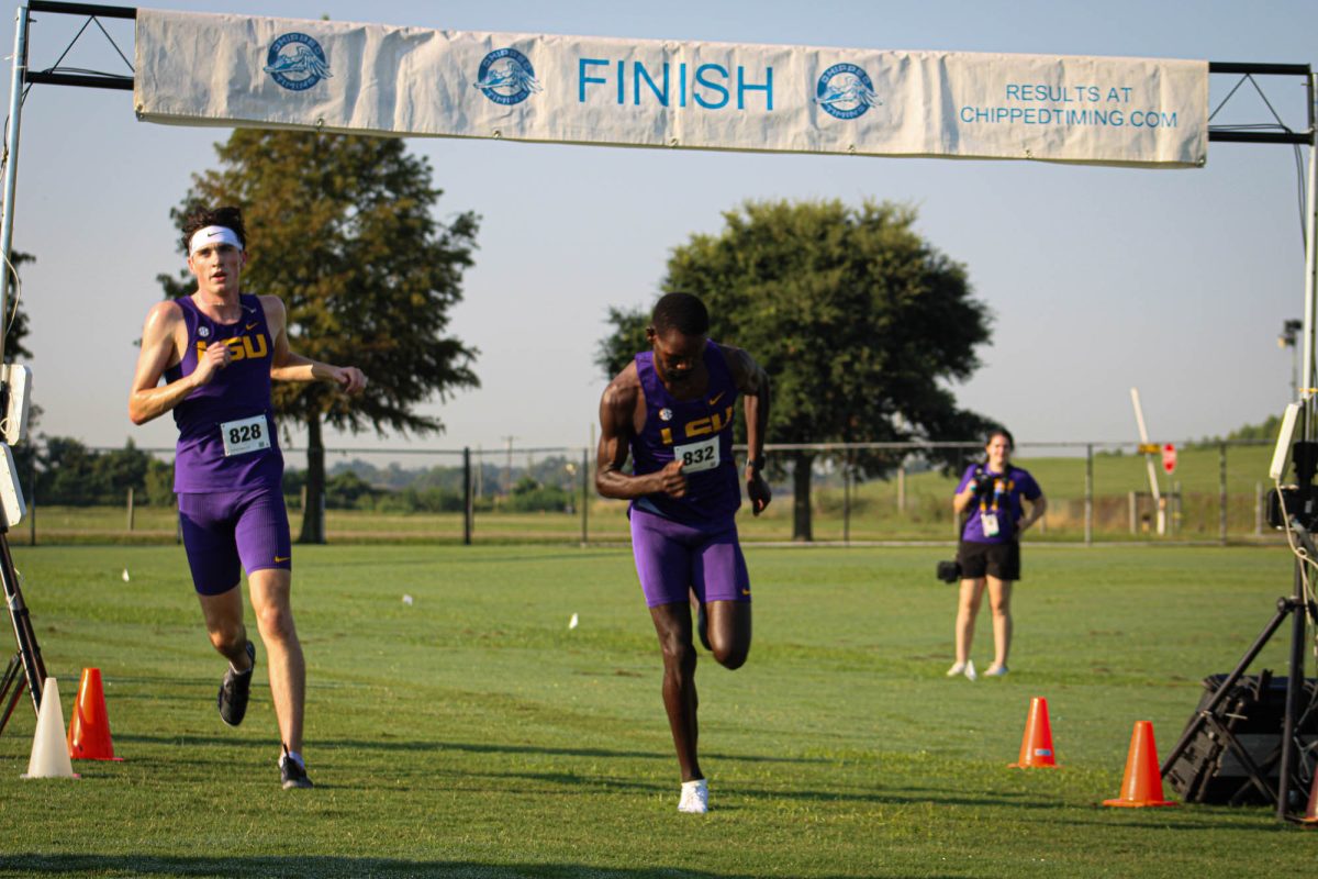 LSU men's cross country team passes the finish line at the XC Invitational on Friday, Sept. 12, 2025, at the UREC Field Complex on Gourrier Avenue in Baton Rouge, La.