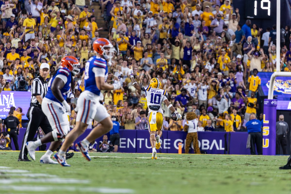 LSU football sophomore safety Dashawn Spears (10) celebrates an interception during LSU's 20-10 win against Florida on Saturday, Sept. 13, 2025, at Tiger Stadium in Baton Rouge, La.