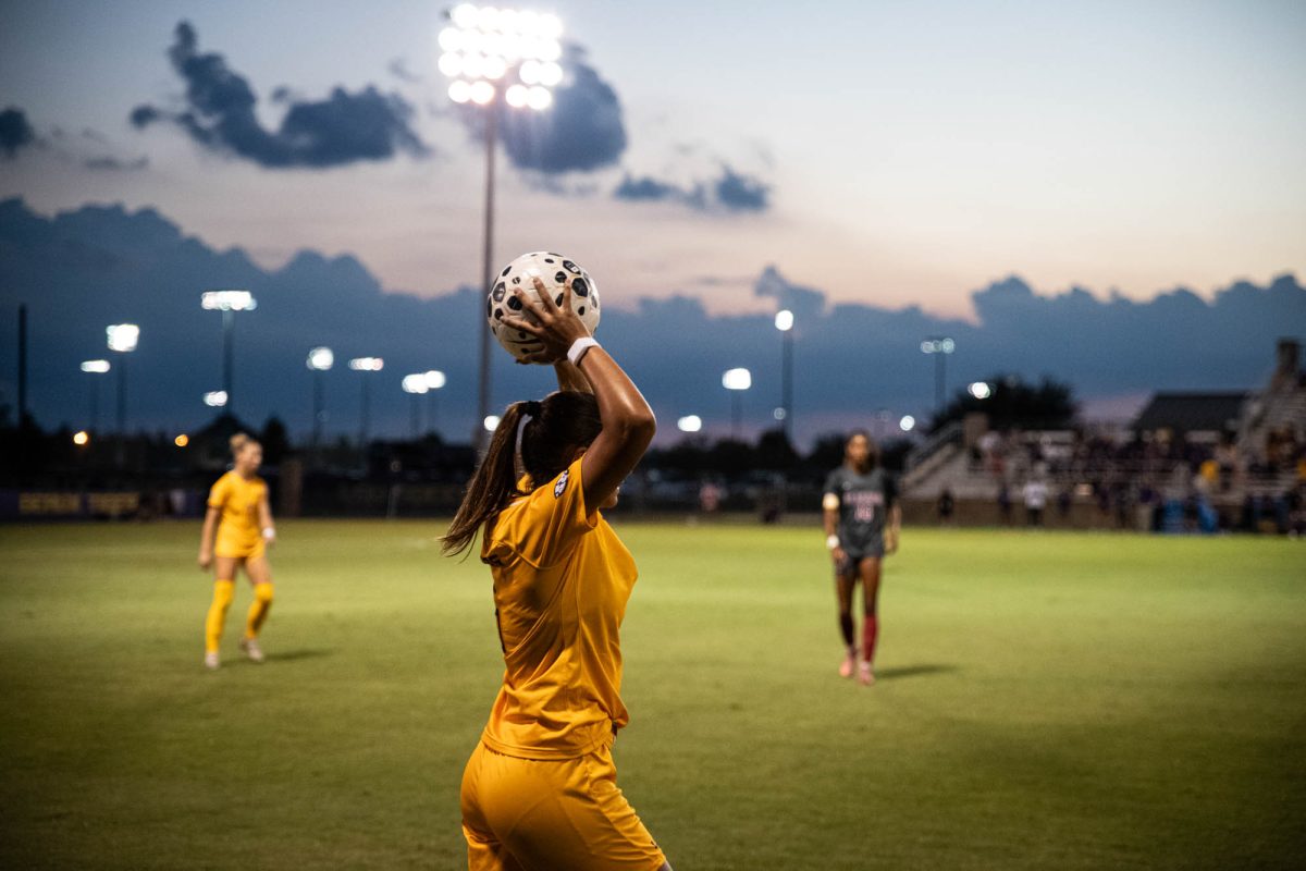 An LSU soccer player prepares to throw the ball on Thursday, Sept. 18th, 2025, during LSU's 1-2 loss to Alabama at the LSU Soccer Stadium on Nicholson Drive in Baton Rouge, La.