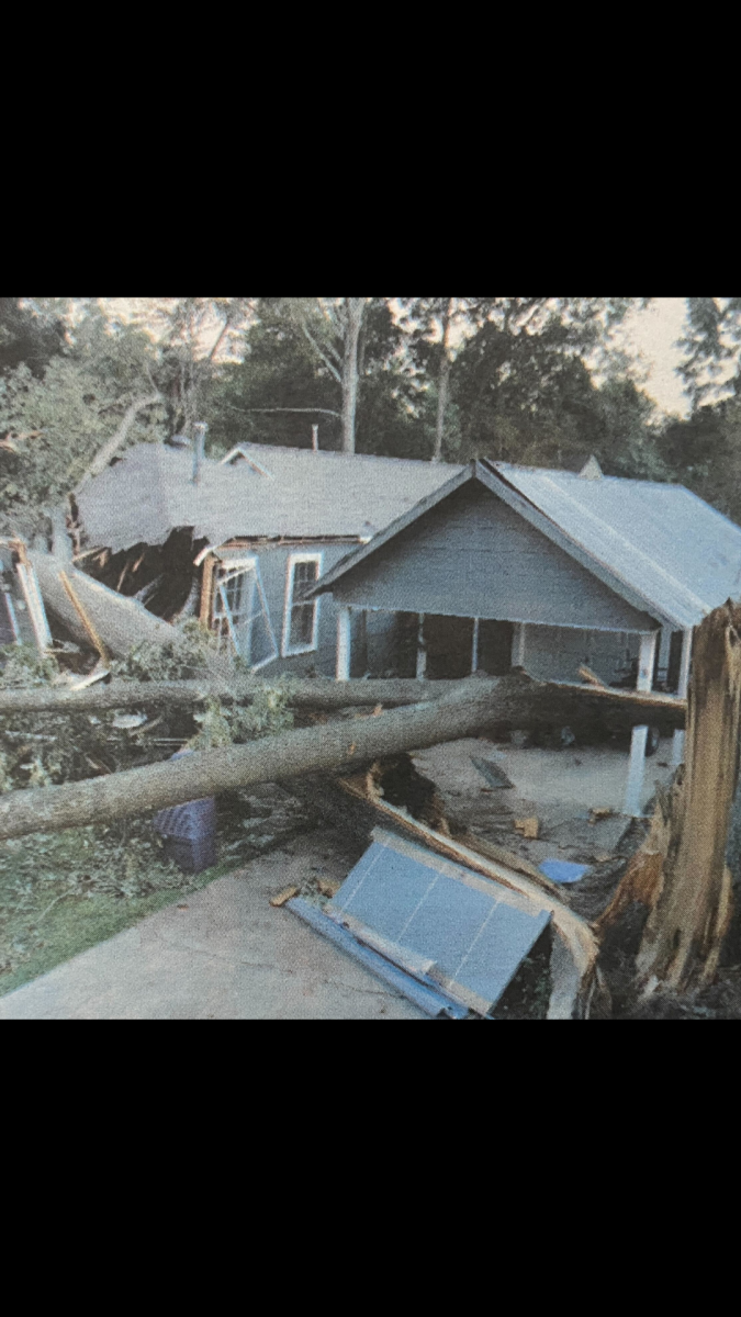 A home in the Southdowns neighborhood is demolished by a fallen tree during Hurricane Katrina.