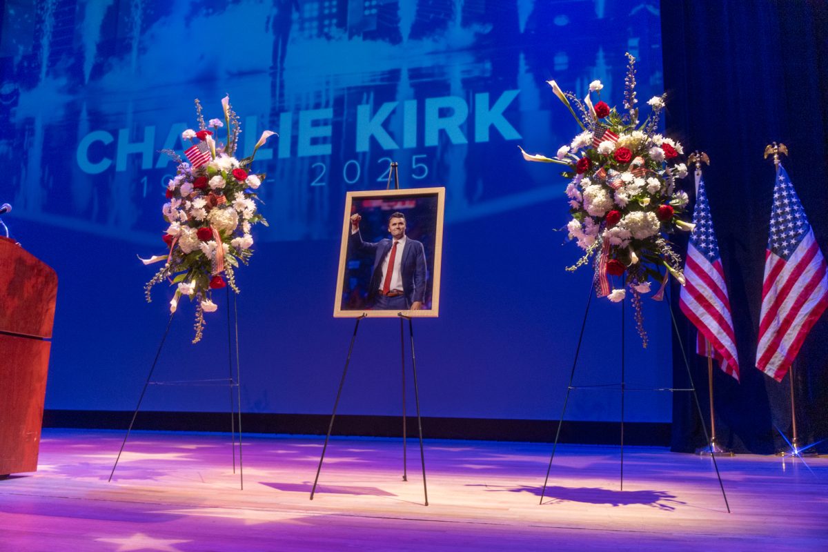 Charlie Kirk's photo sits Friday, Sept 12, 2025, in the LSU Student Union Theater in Baton Rouge, La.