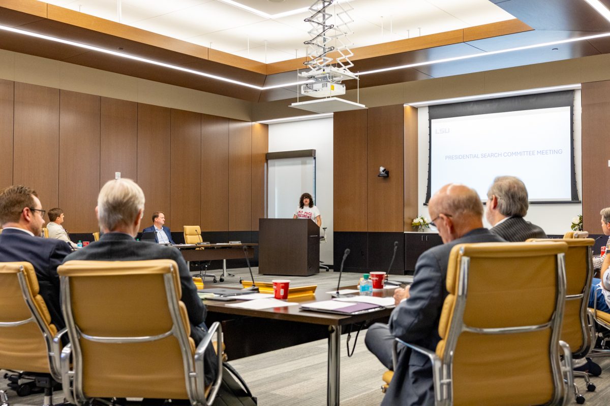 Gabriella Juarez, member of LSU's Students for a Democratic Society, delivers a speech to the LSU Presidential Search Committee inside the LSU Foundation Building, on Wednesday, Oct. 1, 2025, in Baton Rouge, La.