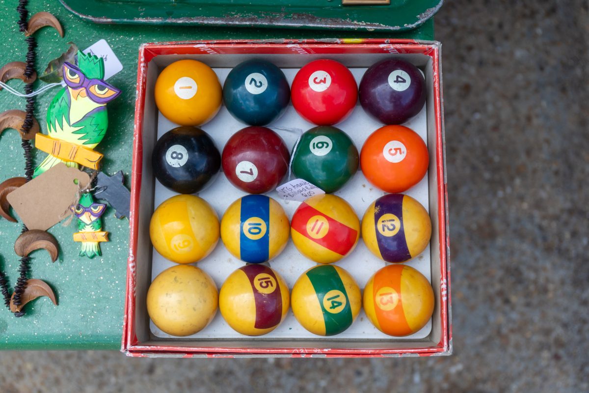 Billiard balls sit Saturday, Oct. 18, 2025, at the Pink Elepthant Antiques in Baton Rouge, La.