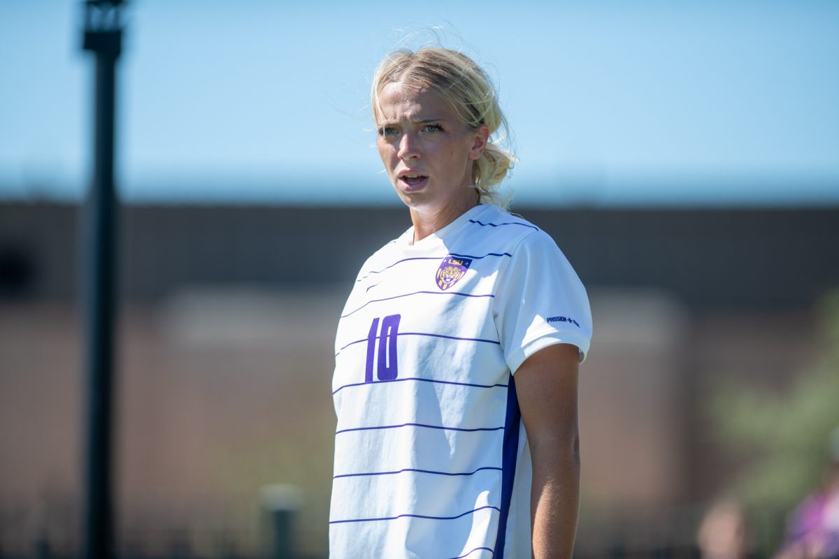 LSU soccer senior forward Ida Hermannsdottir (10) prepares to kick Sunday, Oct. 19, 2025, during the 1-1 tie against Kentucky at the LSU Soccer Stadium in Baton Rouge, La.