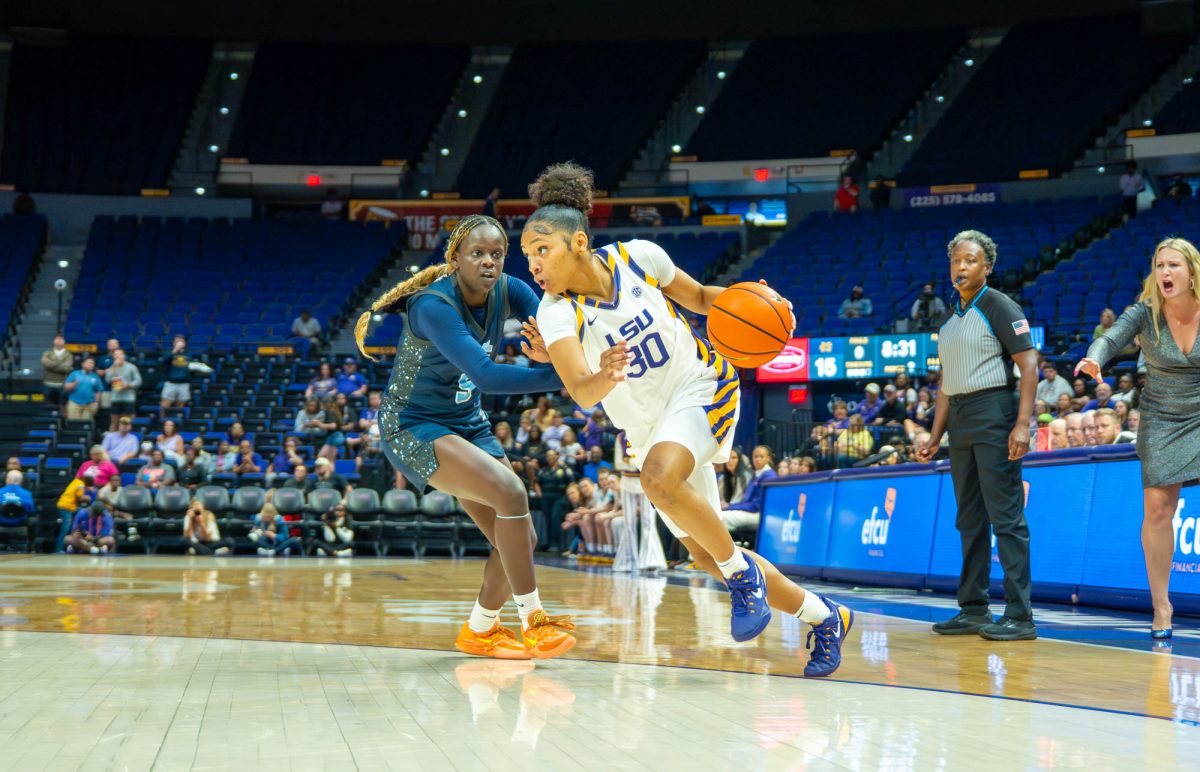 LSU women's basketball sophomore guard Jada Richard (30) gets fouled during their 148-46 win against Mississippi College on Thursday, Oct. 23, 2025, at the Pete Maravich Assembly Center in Baton Rouge, La. 