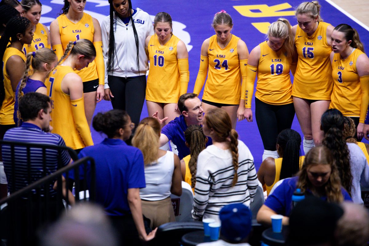 LSU volleyball assisant coach Kevin Inlow speaks to the team during LSU’s 0-3 loss against Texas on Sunday, Oct. 26, 2025, at the Pete Maravich Assembly Center in Baton Rouge, La.
