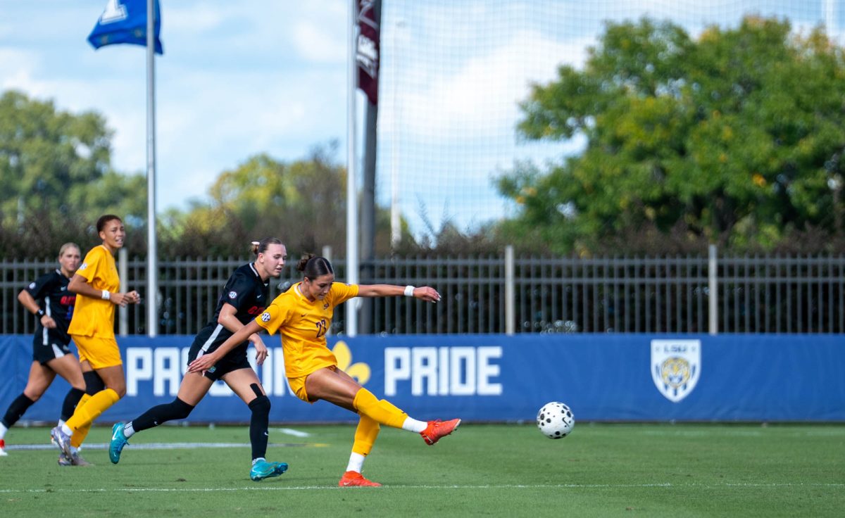 LSU soccer junior midfielder Gabbi Ceballos (23) kicks the ball during their 4-1 win against Florida Sunday, Oct. 26, 2025, at the LSU Soccer Stadium in Baton Rouge, La.