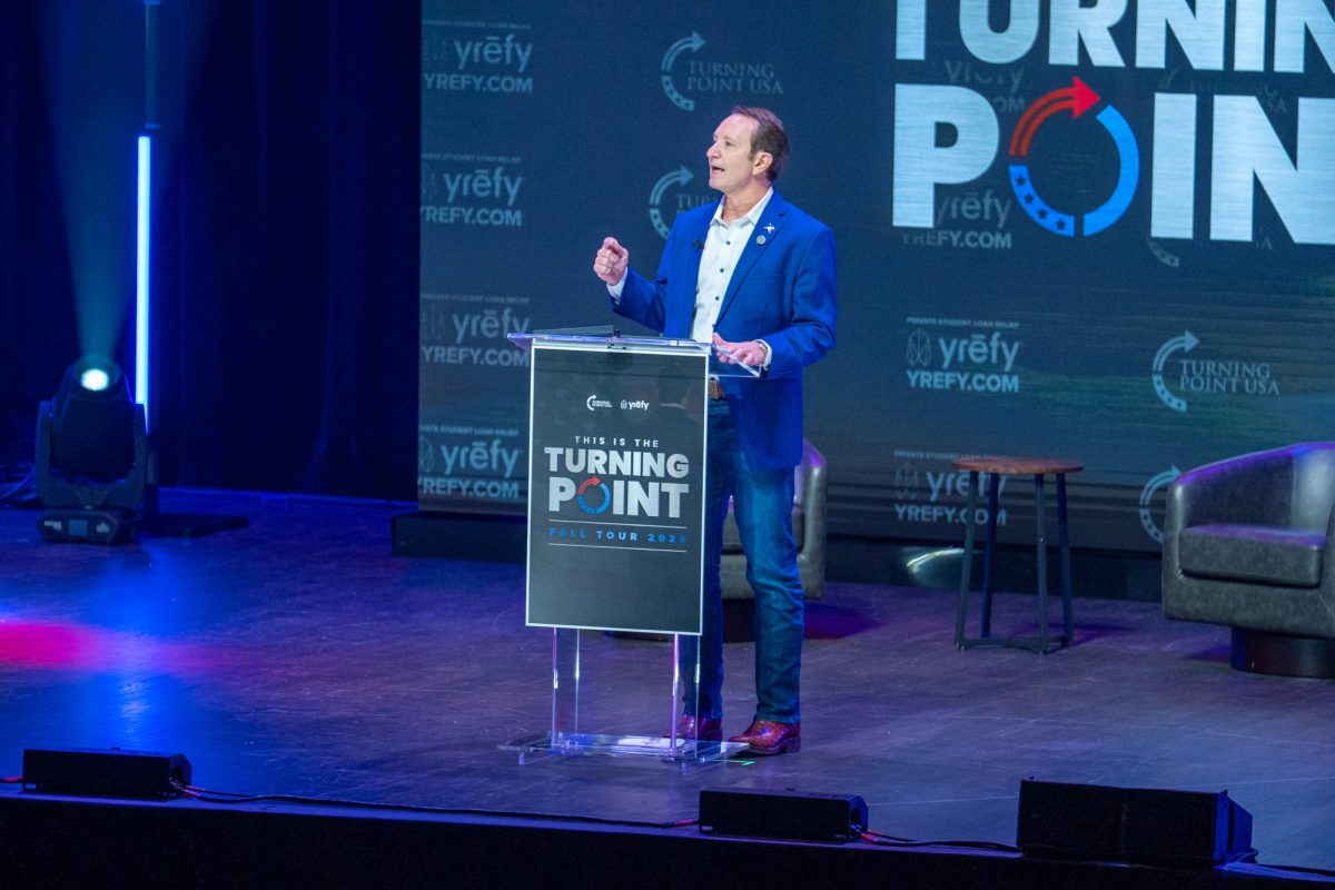 Louisiana Gov. Jeff Landry greets the crowd during the Turning Point USA rally Monday, Oct. 27, 2025, at the Raising Canes River Center Theatre in Baton Rouge, La.