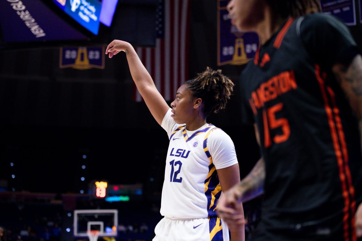 LSU women's basketball junior guard Mikaylah Williams (12) takes a shot during the 121-41 win against Langston on Thursday, Oct. 29, 2025, at the Pete Maravich Assembly Center in Baton Rouge, La.