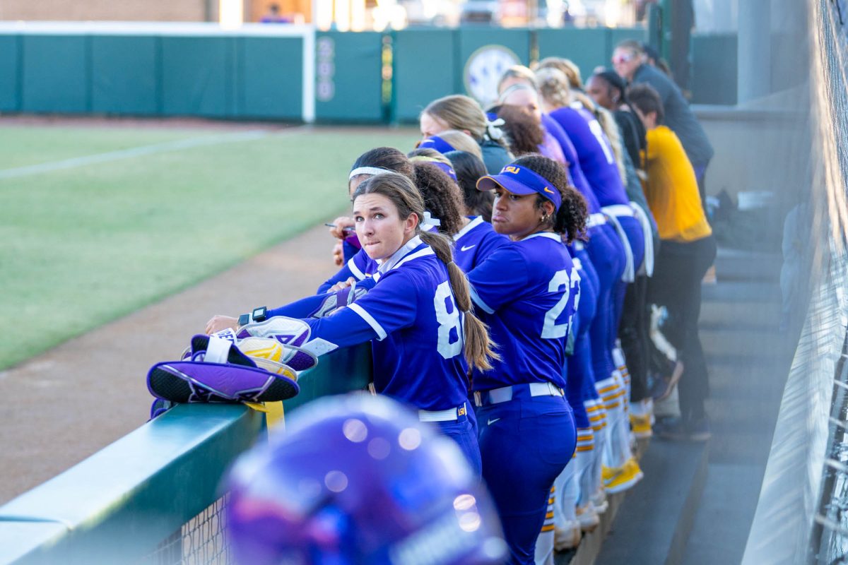 LSU softball players sit in the dugout during their win against Northwest Florida State Thursday, Oct. 30, 2025, at Tiger Park in Baton Rouge, La.