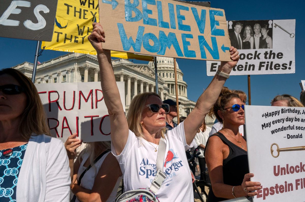 Protesters rally at a news conference calling for Congress to release all of the Jeffrey Epstein files, outside the U.S. Capitol, Wednesday, Sept. 3, 2025 in Washington.