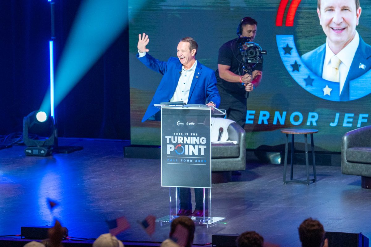 Louisiana state govenor Jeff Landry greets the crowd during the Turning Point USA rally Monday, Oct. 27, 2025, at the Raising Canes River Center Theatre