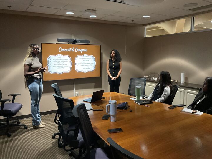 Future Black Women in Law Association event chairs Deloris Nangah and Kartier Ollervidez give a presentation at Career Classy event Wednesday, Oct. 22, 2025.
