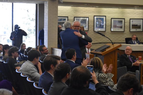 Newly-selected LSU President Wade Rousse and Executive Vice President and Chancellor Jim Dalton hug on Tuesday, Nov. 4, 2025, in Baton Rouge, La.