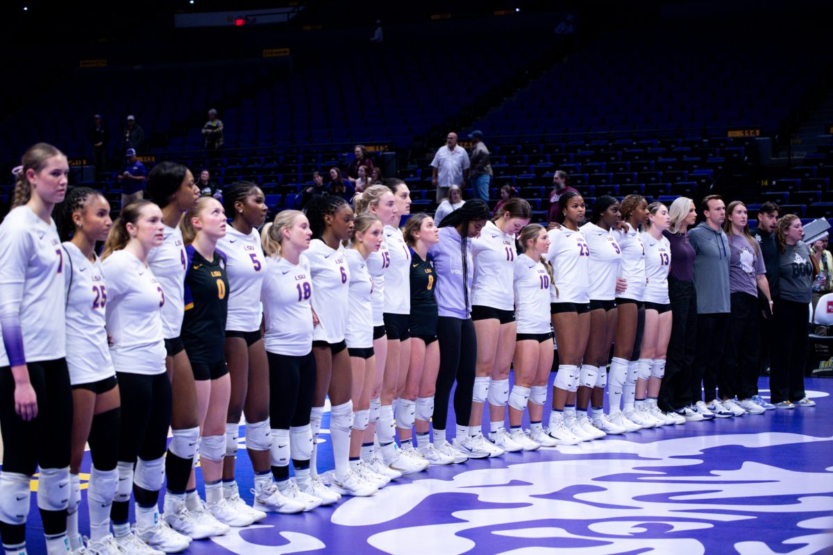 LSU volleyball sings the alma mater after LSU’s 1-3 loss against Mississippi State on Friday, Oct. 31, 2025, at the Pete Maravich Assembly Center in Baton Rouge, La.