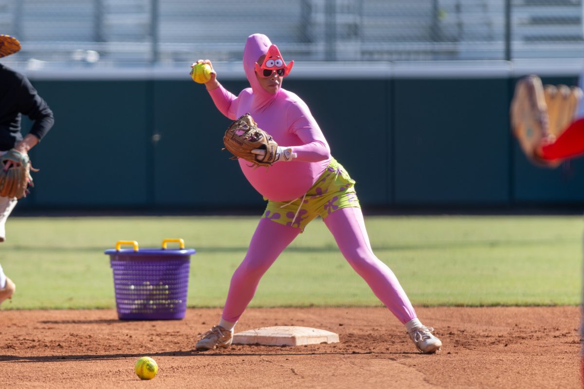 LSU softball junior infielder Kylee Edwards (67) throws the ball Friday, Oct. 31, 2025, at Tiger Park in Baton Rouge, La.