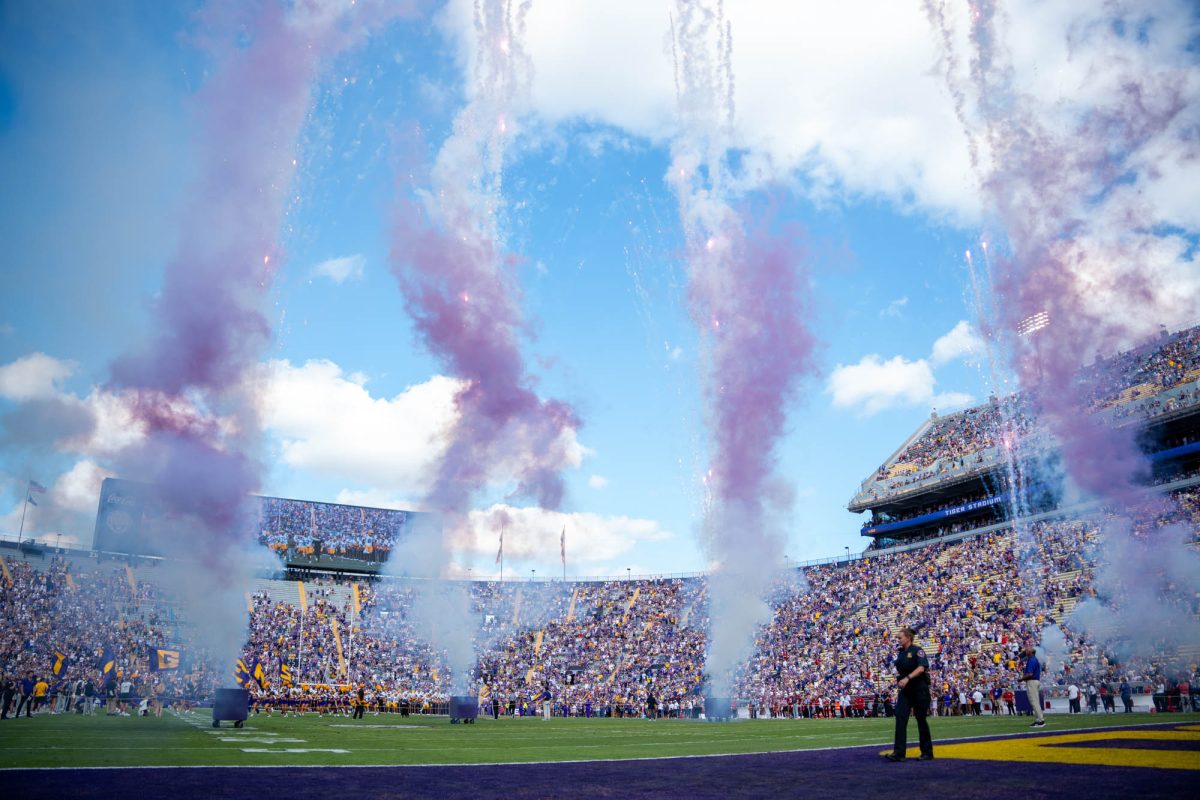 Fireworks go off in Tiger Stadium before the tigers 23-22 victory over Arkansas Saturday, Nov. 15, 2025, at Tiger Stadium, Baton Rouge, La.