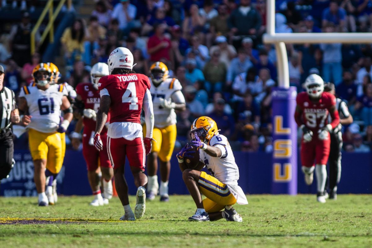 LSU football senior wide receiver Barion Brown (6) points down the field on Saturday, Nov. 15, 2025, during LSU’s 23-22 win against Arkansas at Tiger Stadium in Baton Rouge, La.