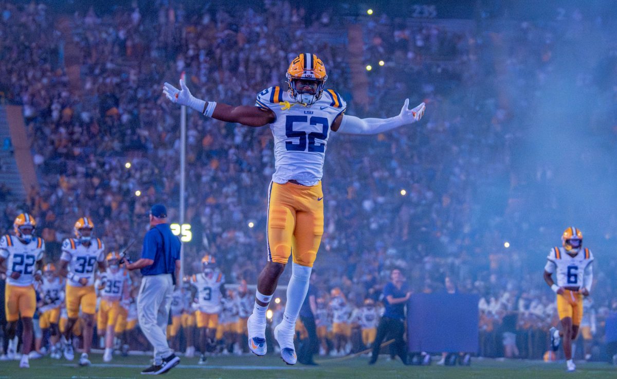 LSU football redshirt junior linebacker Princeton Malbrue celebrates during the Tigers' 13-10 over Western Kentucky University Saturday, Nov. 22, 2025 at Tiger Stadium in Baton Rouge, La.