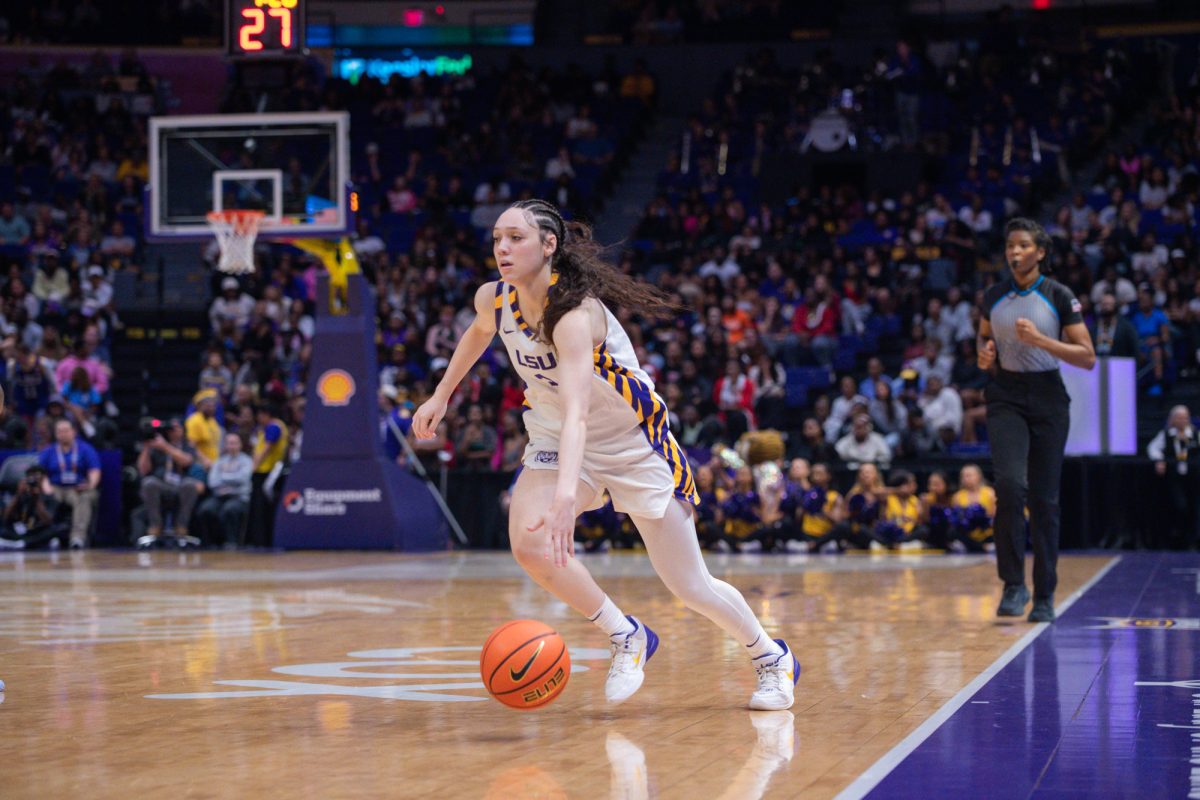 LSU women's basketball freshman guard Bella Hines (3) dribbles the ball Thursday, Nov. 20, 2025, during LSU's 112-49 win against Alcorn at the Pete Maravich Assembly Center in Baton Rouge, La.
