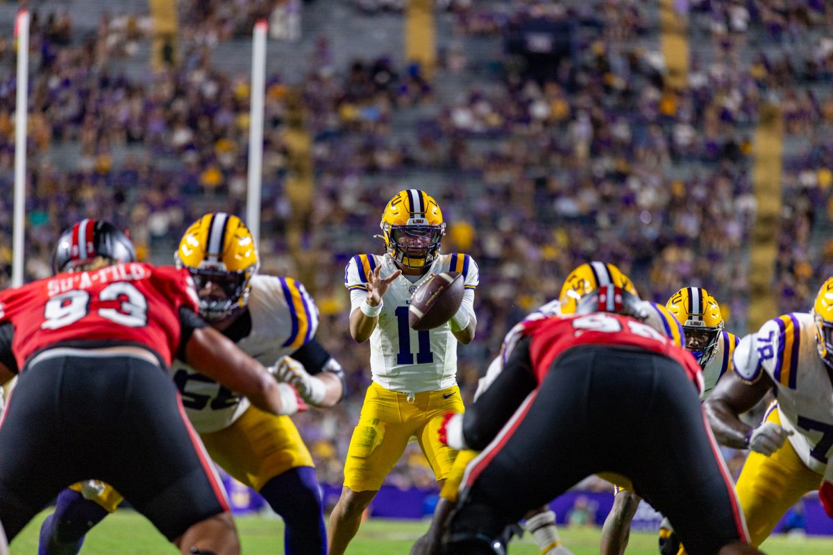 LSU football sophomore quarterback Michael Van Buren Jr. (11) snaps the ball during LSU’s 13–10 win against Western Kentucky on Saturday, Nov. 22, 2025, at Tiger Stadium in Baton Rouge, La.