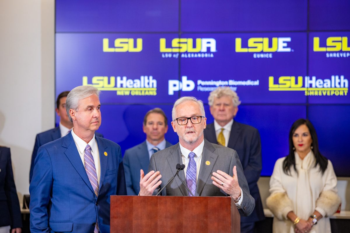 LSU executive vice president and chancellor Jim Dalton answers a question from a reporter during a press conference in the LSU Foundation Building, on Tuesday, Nov. 4, 2025, in Baton Rouge, La.