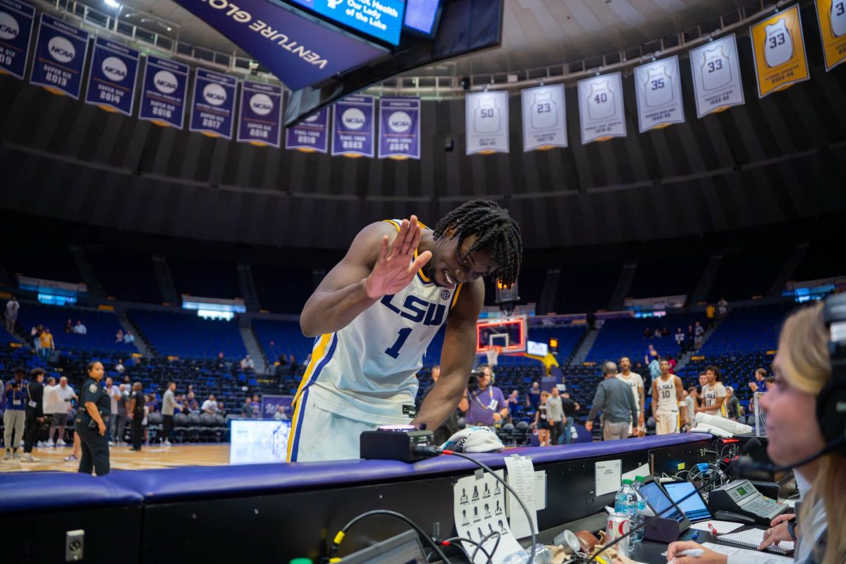 LSU men's basketball junior forward Mike Nwoko (1) lights the tower after the Tigers' 107-81 win over Alcorn State Tuesday, Nov. 18, 2025, at the Pete Maravich Assembly Center in Baton Rouge, La.