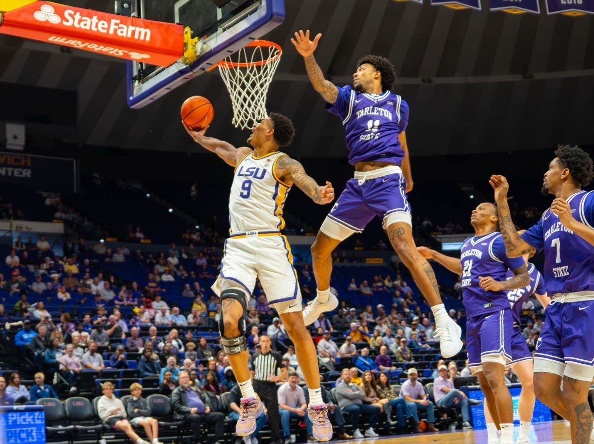 LSU men's basketball redshirt junior forward Jalen Reed (9) goes up for two during their 96-60 win over Tarleton State Wednesday, Nov. 5, 2025, at the Pete Maravich Assembly Center, Baton Rouge, La.