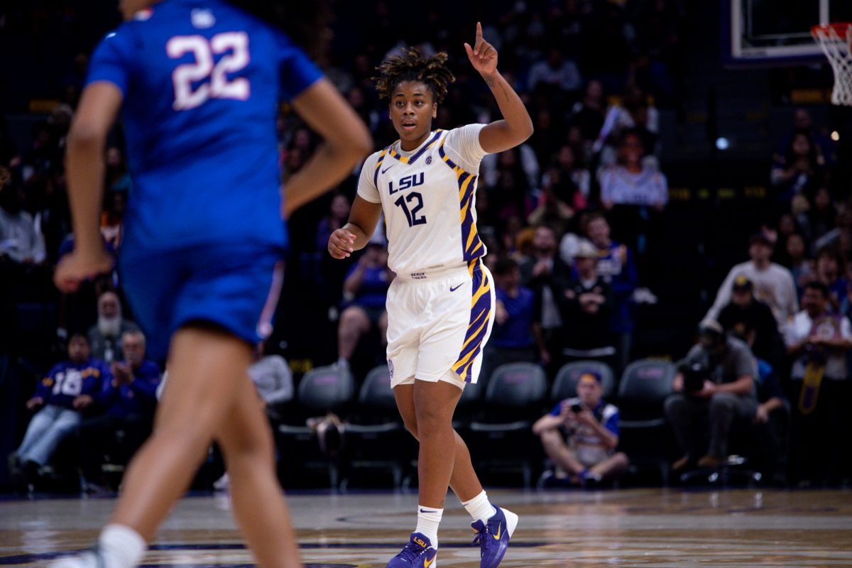 LSU women's basketball junior guard Mikaylah Williams (12) calls out a play during the 108-55 win against Houston Christian on Tuesday, Nov. 4, 2025, at the Pete Maravich Assembly Center in Baton Rouge, La.