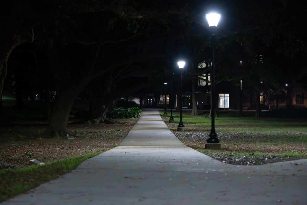 Sidewalk lights up at night on Sunday, Jan. 18, 2026, on LSU’s campus in Baton Rouge, La.