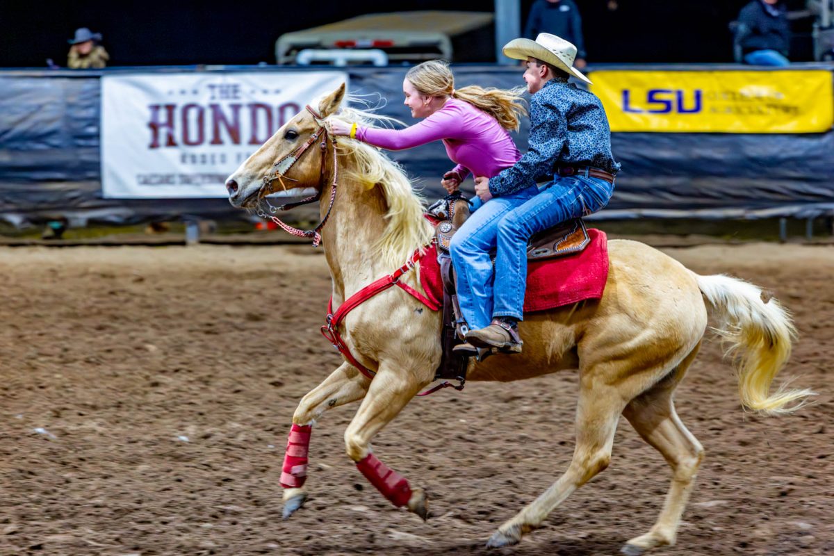 A cowgirl and cowboy run after the barrel pickup Friday, Jan. 23, 2026, at the Louis A. Mouch Jr Multi-Purpose Facility in Port Allen, La.