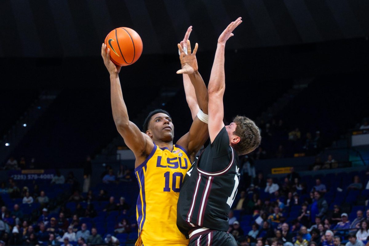 LSU men's basketball 5th-year student forward Marquel Sutton (10) shoots the ball during the Tigers' 66-80 loss vs Mississippi Wednesday, Jan. 28, 2026, at the Pete Maravich Assembly Center in Baton Rouge, La.