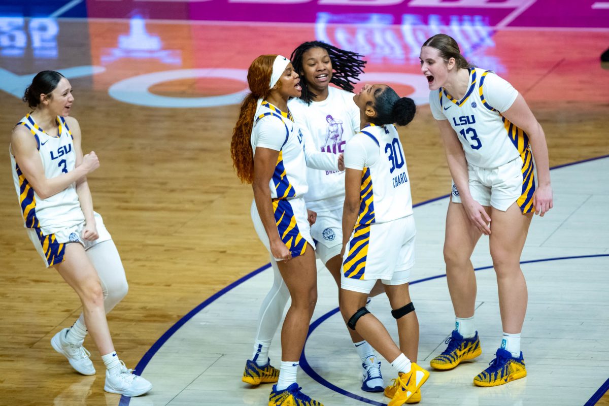 LSU women's basketball sophomore guard Jada Richard (30) celebrates Sunday, Jan. 11, 2026, during the 70-65 win against Texas at the Pete Maravich Assembly Center in Baton Rouge, La.