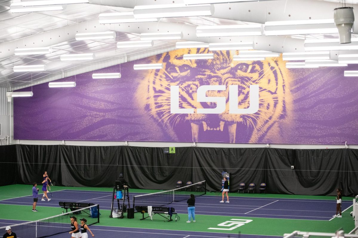 LSU women’s tennis competes in doubles matches during their 6-1 win against Tulane on Monday, Feb. 2, 2026, at the LSU Tennis Complex in Baton Rouge, La.