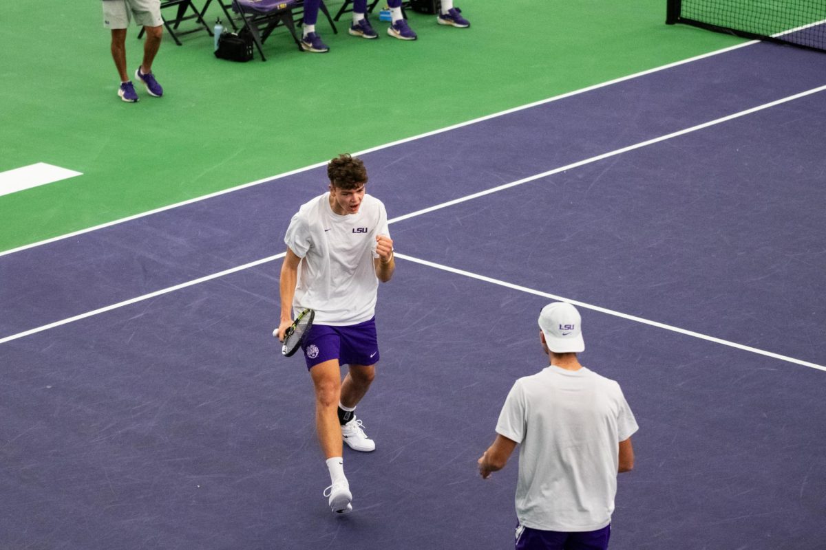 LSU men’s tennis sophomore Andrej Loncarevic celebrates with his doubles partner sophomore Sasa Markovic during their 6-4 doubles loss to Tulane on Tuesday, Feb. 3, 2026, at the LSU Tennis Complex in Baton Rouge, La.