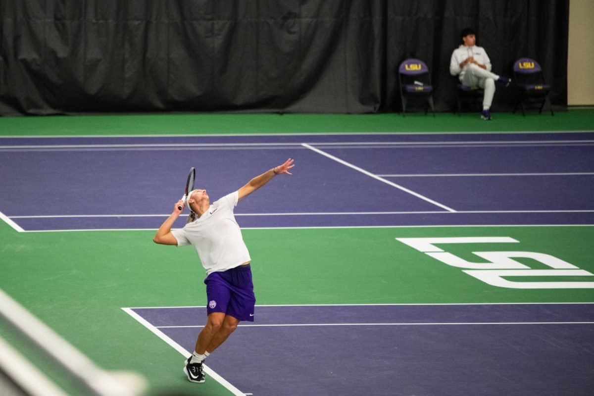 LSU men’s tennis senior Matias Ponce De Leon serves the ball during his singles win over Tulane on Tuesday, Feb. 3, 2026, at the LSU Tennis Complex in Baton Rouge, La.