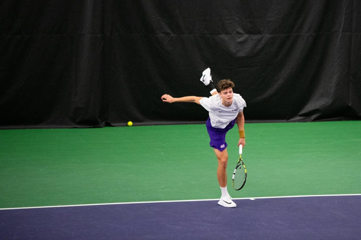 LSU men’s tennis sophomore Andrej Loncarevic serves the ball during his singles win over Tulane on Tuesday, Feb. 3, 2026, at the LSU Tennis Complex in Baton Rouge, La.