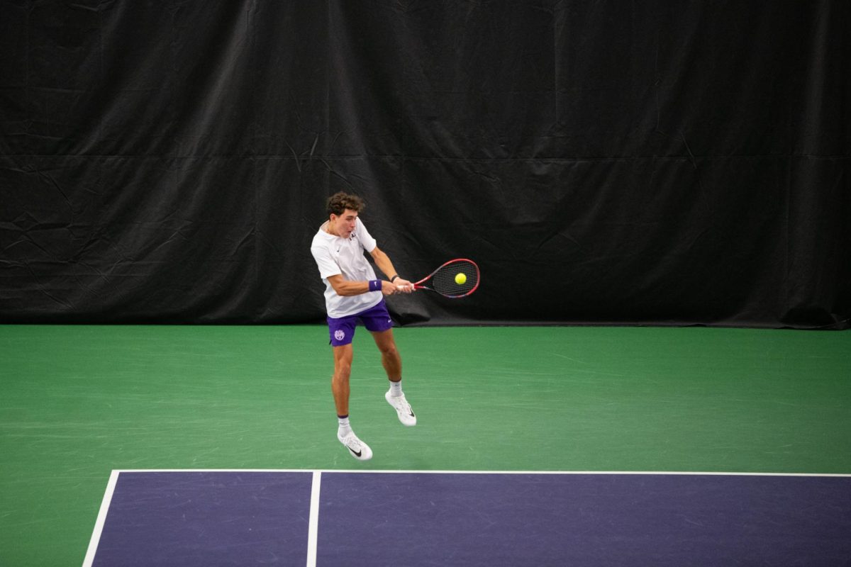 LSU men’s tennis sophomore Enzo Kohlmann De Freitas hits the ball during his 6-0 doubles victory with freshman Olaf Pieczkowski against Tulane on Tuesday, Feb. 3, 2026, at the LSU Tennis Complex in Baton Rouge, La.
