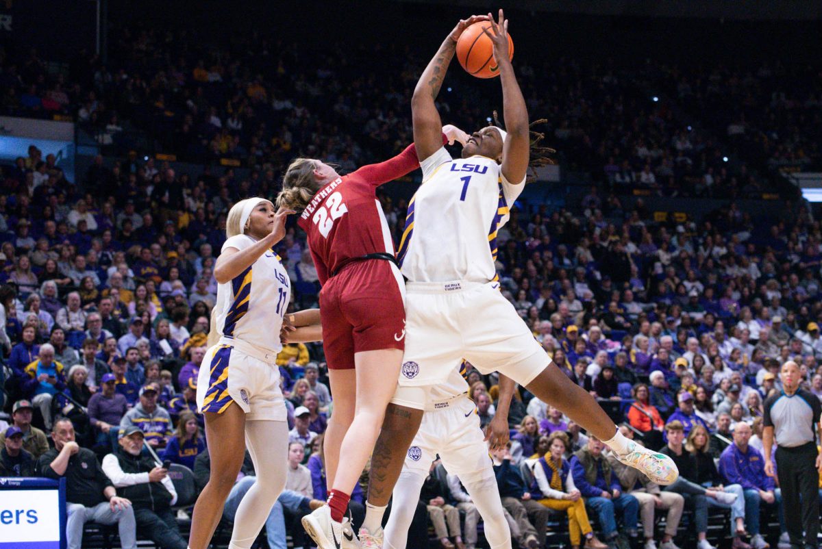 LSU women’s basketball senior forward Amiya Joyner (1) rebounds the ball during the Tigers’ 103-62 victory over Alabama Sunday, Feb. 1, 2026, at the Pete Maravich Assembly Center in Baton Rouge, La.